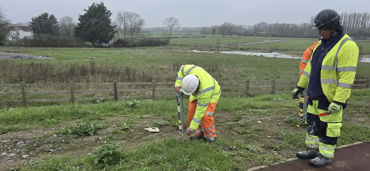 Overhead view of a marked utility survey area during training